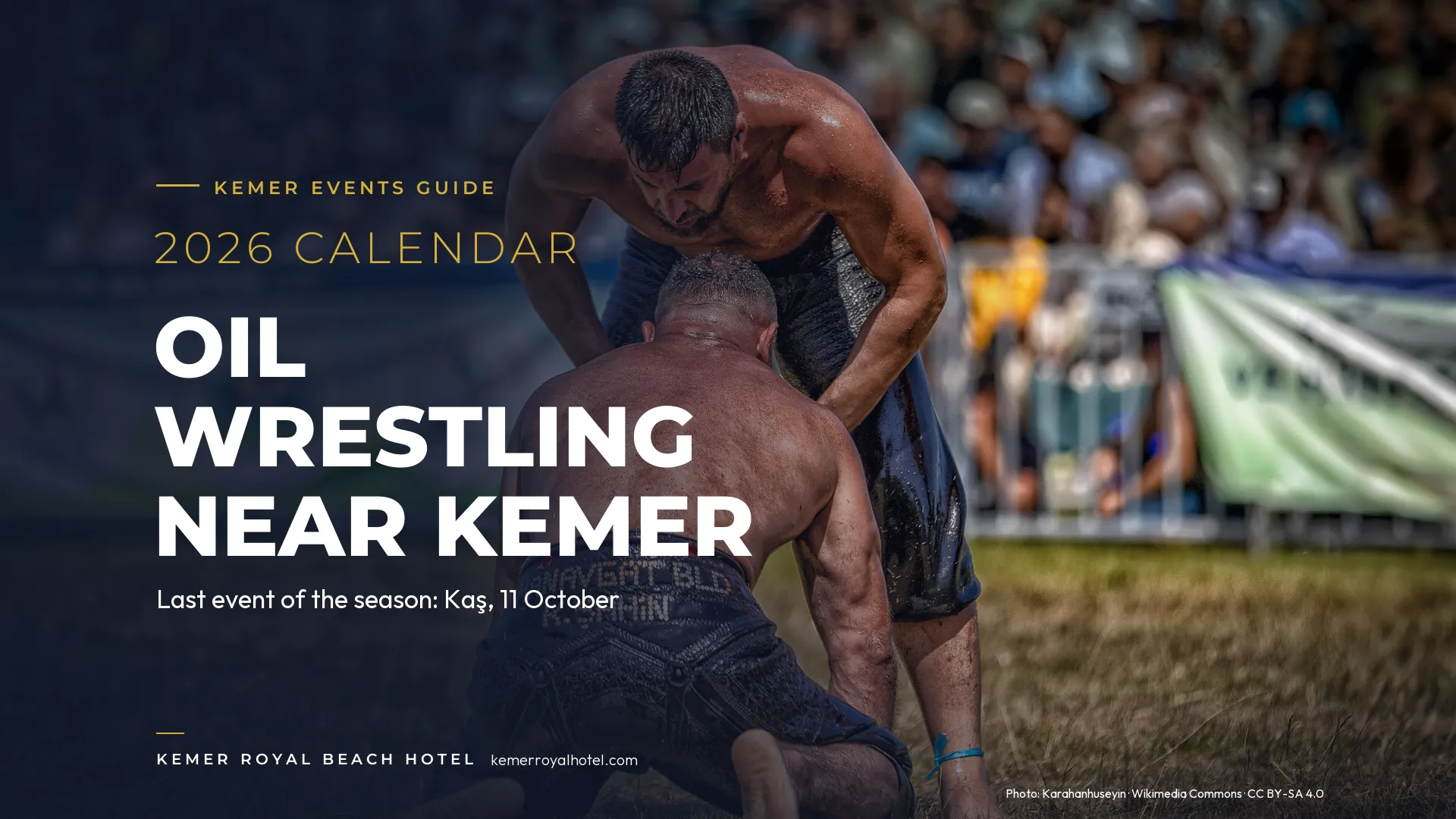 Two oil wrestlers in leather kispet trousers grappling on a grass arena
